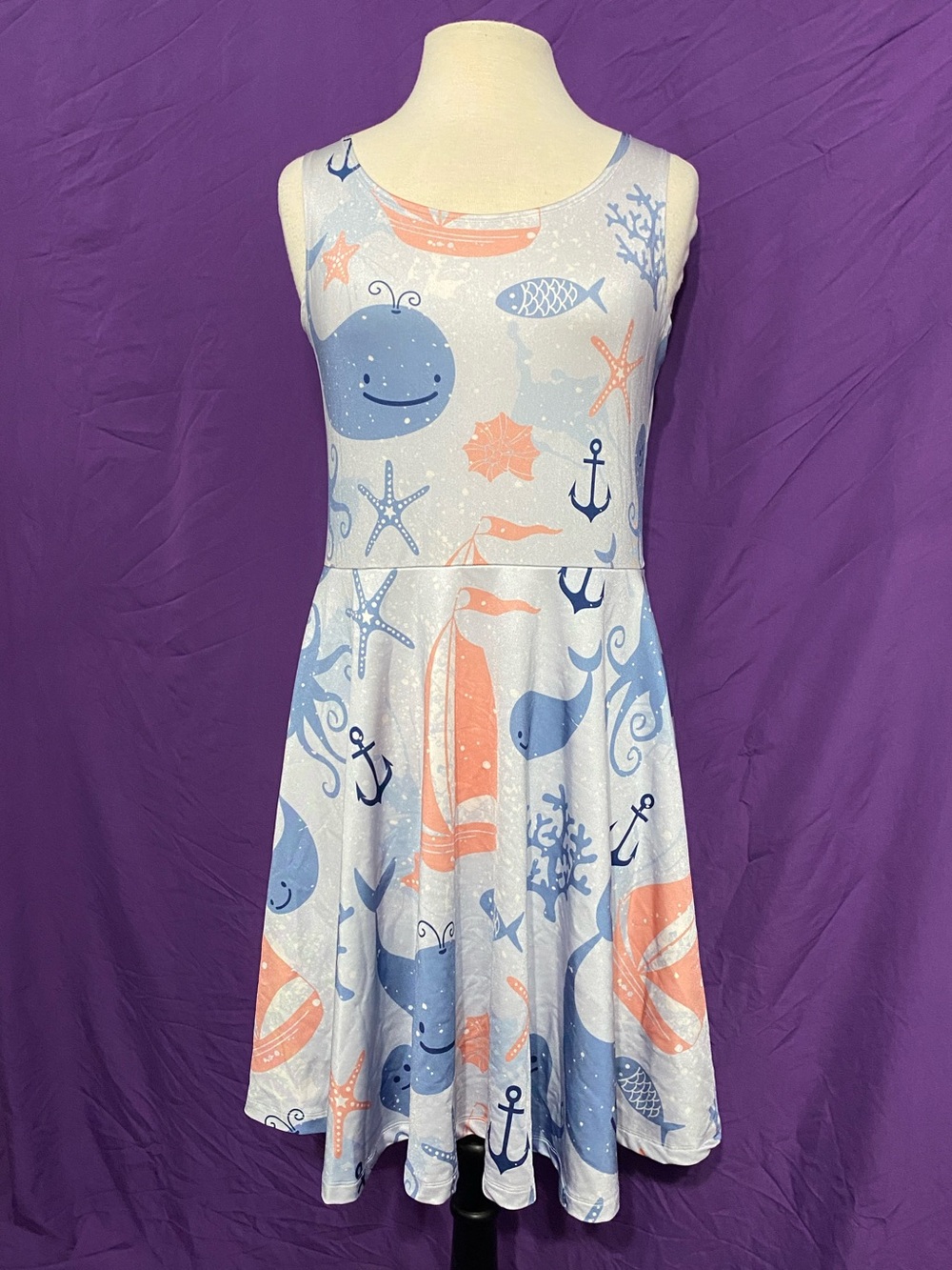 CowCow Women’s Sleeveless Light Blue/Coral Nautical Skater Dress. Size XL.